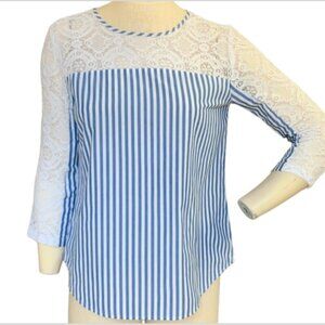 BOHO Small Mixed Media Blue & White Striped and Floral Lace Top 70N